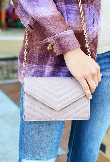 Muriel Crossbody in Taupe, crossbody with gold chain