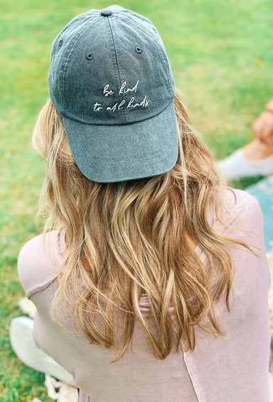 NOON:30 Be Kind to All Kinds Charcoal Hat with white script embroidery, kindness hat