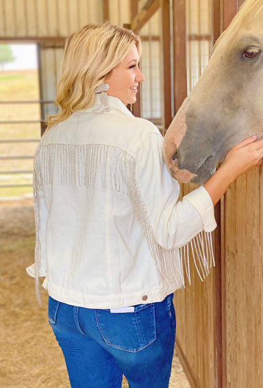 Nashville Nights Rhinestone Denim Jacket, white denim jacket, rhinestoned fringe on the back, silver detailing 