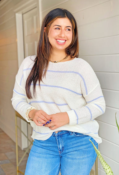 Nights in Aspen Striped Sweater, white knit sweater with blue stripes 