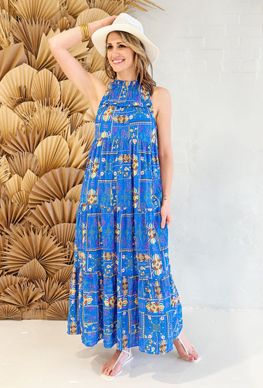 Nothing But The Best Maxi Dress, blue maxi dress, tiered dress with ruffled neckline
