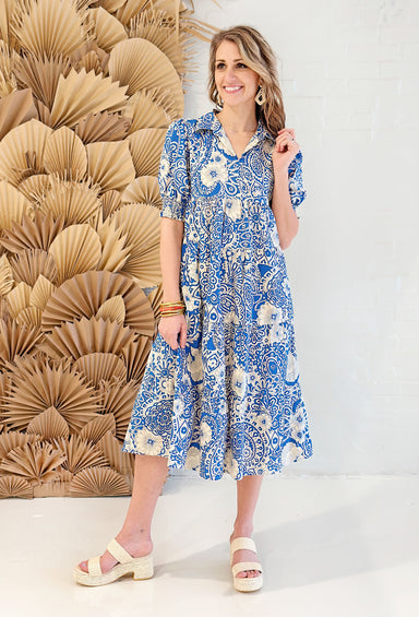 On Island Time Midi Dress, blue and white midi dress, floral design