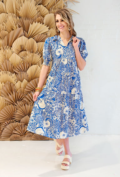 On Island Time Midi Dress, blue and white midi dress, floral design