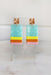 On the Bright Side Earrings, rectangle shape earrings, mint green with yellow and orange stripe across bottom, post backing