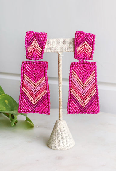 Palm Desert Beaded Earrings in Pink, rectangular shaped earrings, felt backing, shades of pink beads to create a chevron design 