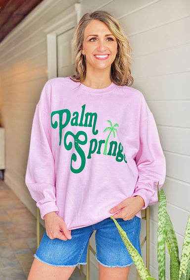 Palm Springs Graphic Pullover, pink sweatshirt with green  "Palm Springs" printed on front