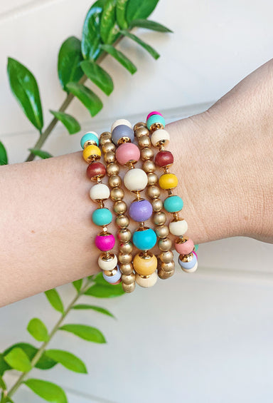 Penelope Beaded Bracelet Set, set of 5 bracelets, 3 with colorful wood beads, two with only gold beads