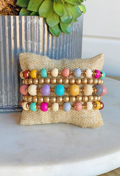 Penelope Beaded Bracelet Set, set of 5 bracelets, 3 with colorful wood beads, two with only gold beads