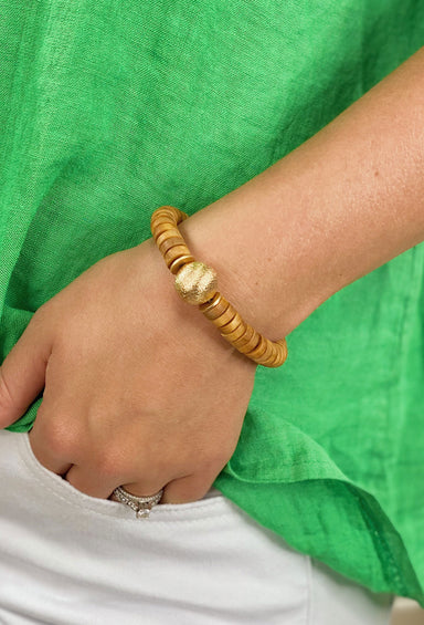 Peyton Wooden Beaded Bracelet in Brown, brown wooden beads, pull on styling, gold ball