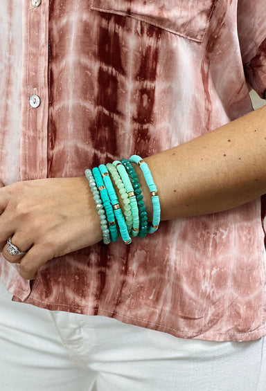 Piper Bracelet Set in turquoise, set of 7 pink bracelets, pull on styling