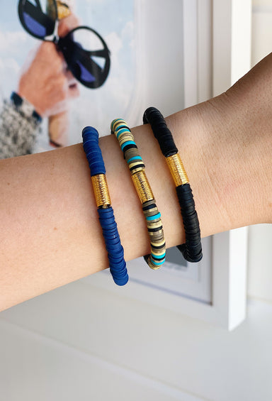 Poolside Vinyl Disc Bracelet in Navy, gold barrel bead, rubber disc vinyl beads