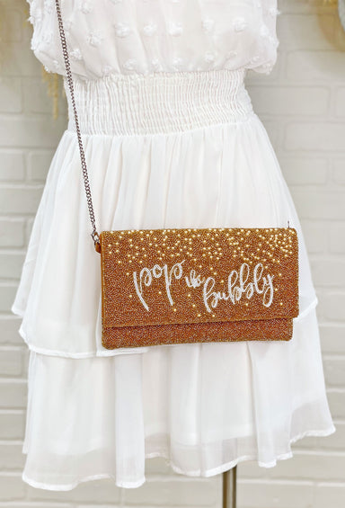 Pop the Bubbly Beaded Clutch, gold beaded clutch, "pop the bubbly" beaded into clutch