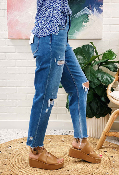 Raw Hem Stretch Mom Jeans, distressed raw hem boyfriend jeans with holes in the knee 