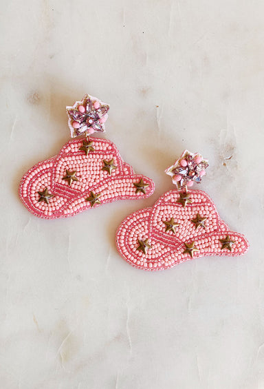 Rhinestone Cowgirl Beaded Earrings, pink beads in shape of cowgirl hat, gold stars