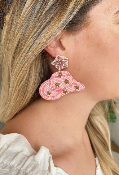 Rhinestone Cowgirl Beaded Earrings, pink beads in shape of cowgirl hat, gold stars