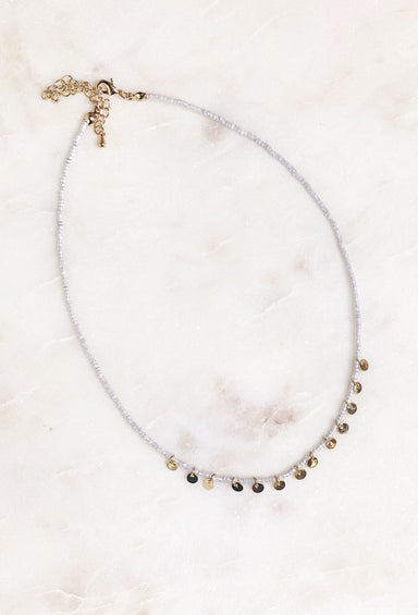 Samara Beaded Coin Choker in Gray, silver beaded necklace with mini gold coin pendants 