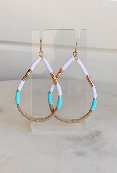 Sandy Promises Disc Earrings, teardrop shape, brown, turquoise white and gold rubber disc