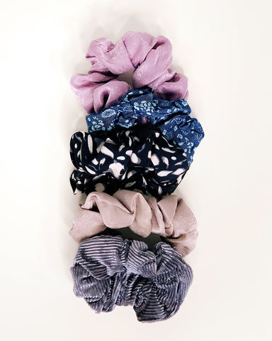 Scrunchie Set in Cool Grey, purple and blue 5 piece scrunchie set printed, silk and velvet