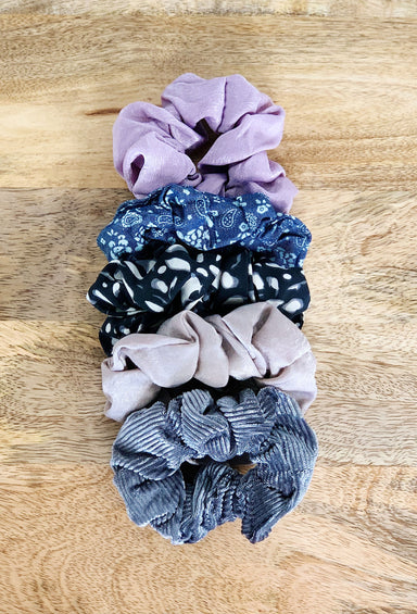 Scrunchie Set in Cool Grey, purple and blue 5 piece scrunchie set printed, silk and velvet