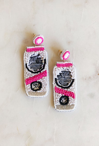 Seltzer Beaded Earrings, pink and white beads shaped as a seltzer