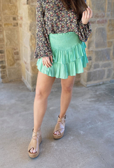 Shanna Smocked Ruffle Skort in Mint, tiered ruffle skort, smocked waist