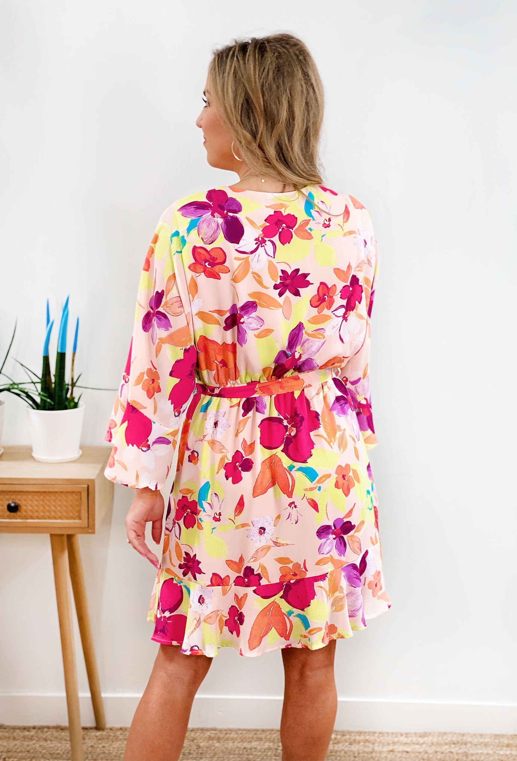 Sincerely Yours Floral Dress, floral dress with sinching around the waist, bell sleeves, self tie detial around waist, v-neck