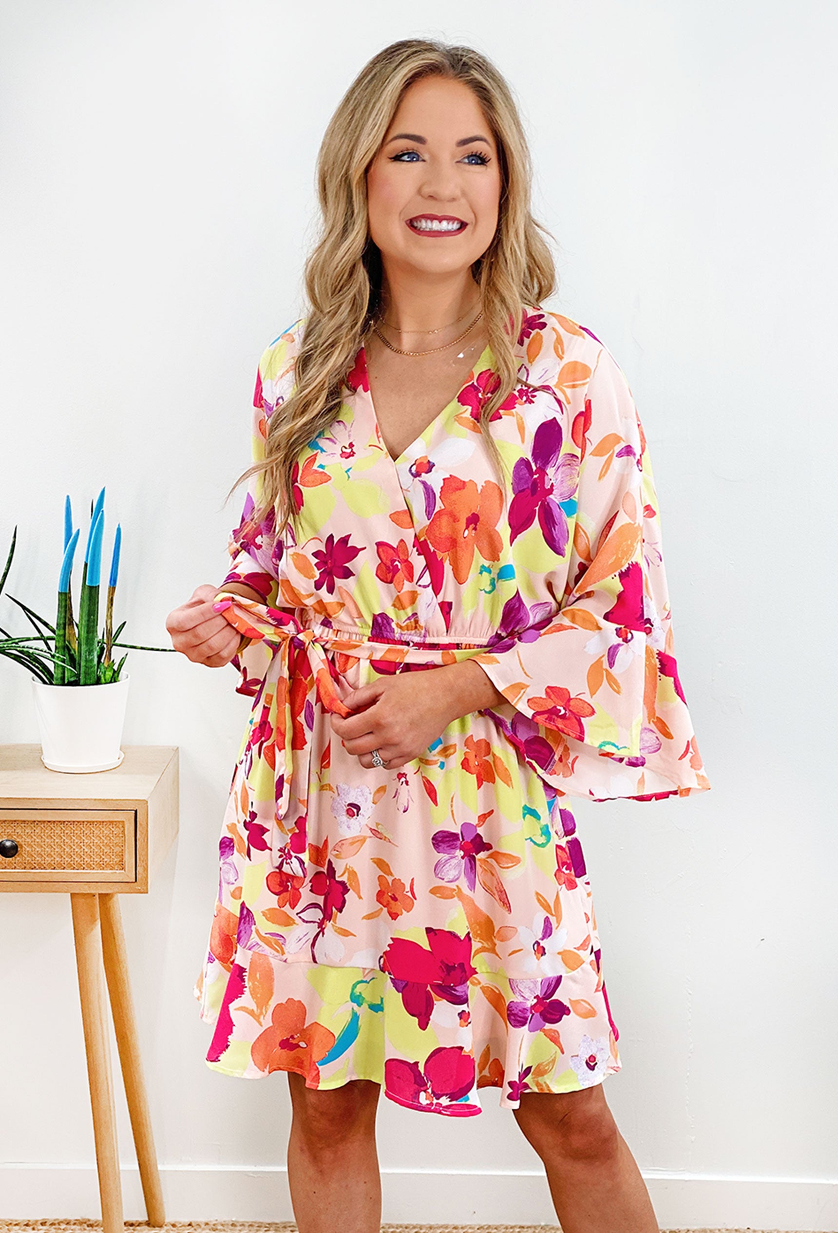 Sincerely Yours Floral Dress, floral dress with sinching around the waist, bell sleeves, self tie detial around waist, v-neck