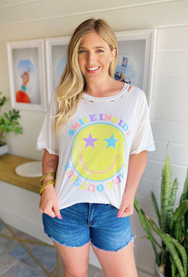 Smile Inside & Outside Graphic Tee, oversized fit, pastel colors, smiley face with "smile inside smile outside" around smiley face, distressing along neckline 