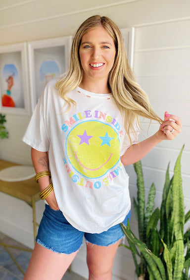Smile Inside & Outside Graphic Tee, oversized fit, pastel colors, smiley face with "smile inside smile outside" around smiley face, distressing along neckline 