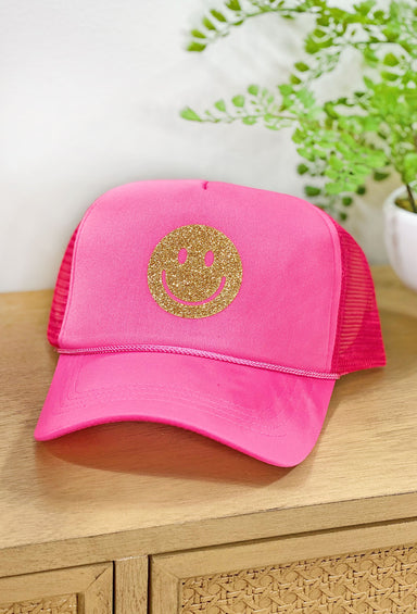 Smiles For Miles Trucker Hat in Pink, pink trucker hat with gold smiley face