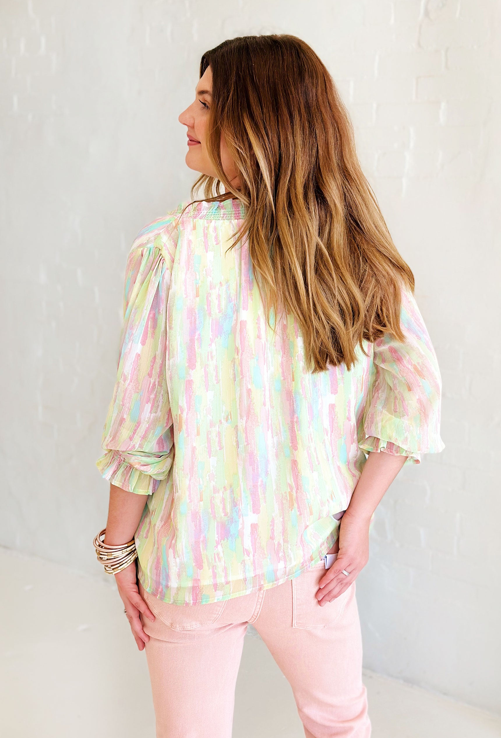Somebody To Love Blouse, brush stroke design, pink green and blue, buttoned up, 3/4 sleeves with smocking