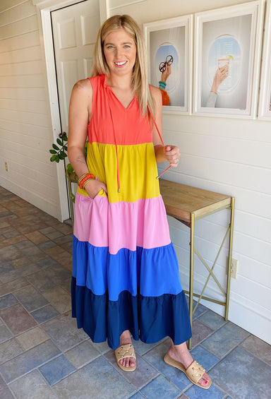 Somewhere Sunny Colorblock Maxi Dress, bold colors, tiered, maxi dress, v-neck with self tie detailing