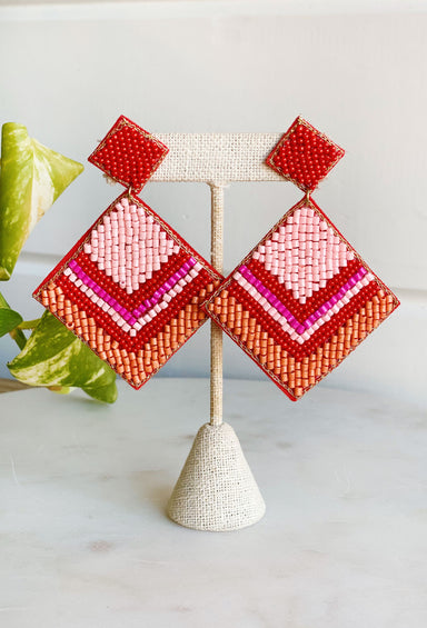 Stand Out Beaded Earrings in Red, diamond shaped earrings with red pink and orange beads