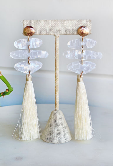 Statement Maker Tassel Earrings, post back, acrylic shapes with tassels hanging