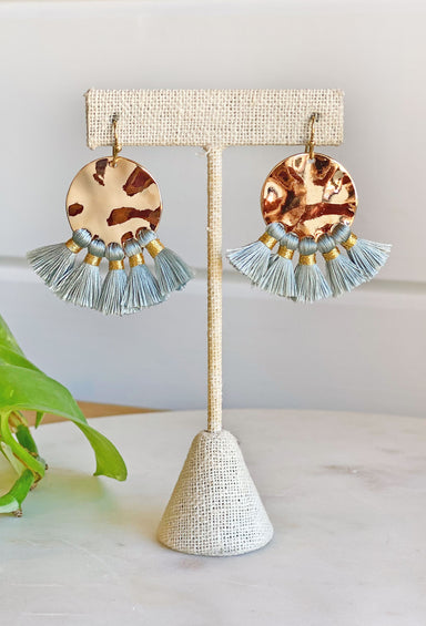 Stella Tassel Earrings in Gray, gold hammered circle, drop earrings, grey tassels