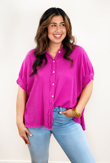 Overcome the Odds Linen Top, purple top with exposed hem and button ups