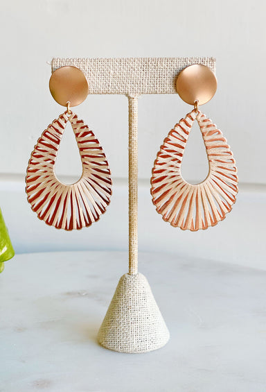 Stolen Romance Earrings in Tan, gold post back earrings with tan thread