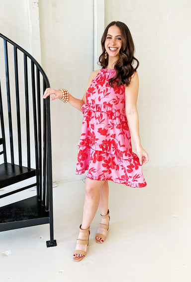 Summer Sparks Floral Dress, pink tiered dress with red floral detailing, ruffle at each tier and smocking at neck