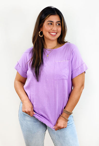 Summer Rewind Top in Lavender, linen short sleeve top with front pocket