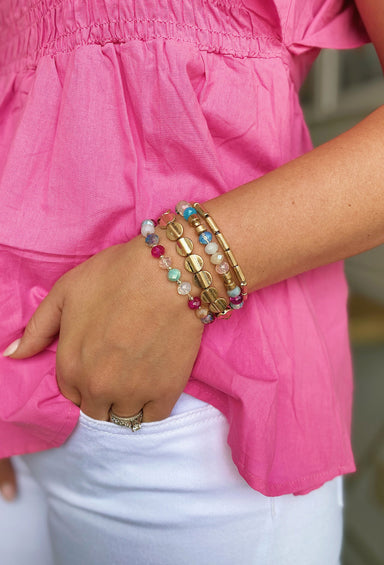 Sunstone Bracelet Set in Gold Multi, set of 4 bracelets, gold beads with multicolored beads, pull on styling