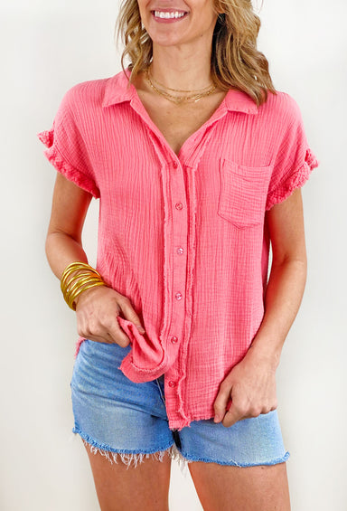 Sure Thing Button Up Top, pink gauze button up top with raw hem