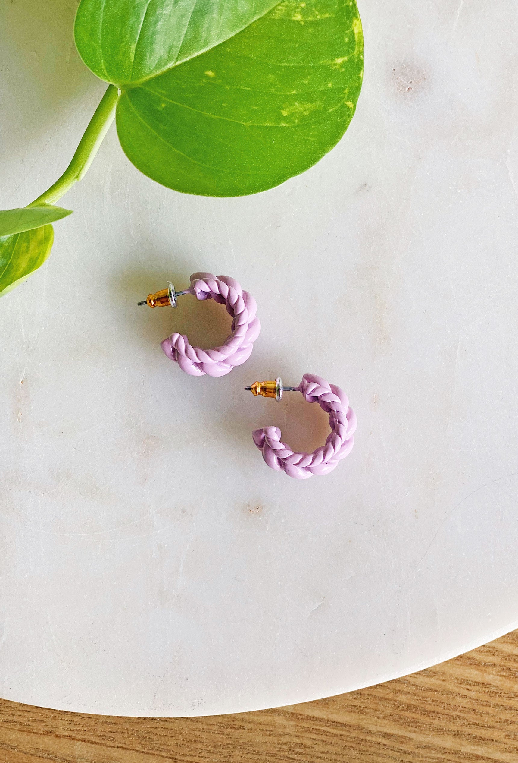 Sweet Twist Earrings in Lilac, lilac earrings, small hoops twisted