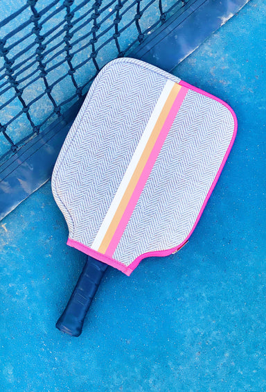 The Cathy Neoprene Pickleball Paddle Cover, grey herringbone pattern, white, pink and gold stripe with hot pink zipper detailing