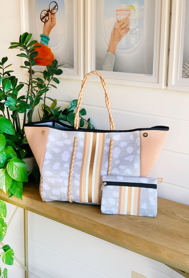 The Jeanne Neoprene Tote, soft antelope print tote with cream and white detailing 