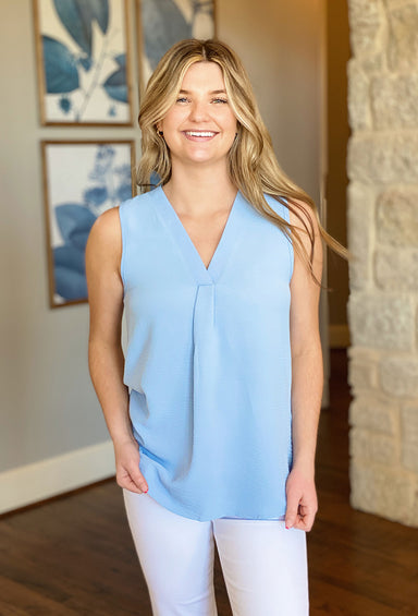 Talyn Sleeveless Top in Blue, sleeveless, light blue, v-neck