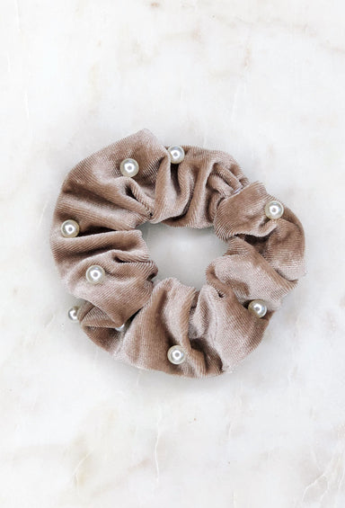 Velvet Pearl Scrunchie in Champagne, tan colored velvet scrunchie with pearls sewn on it