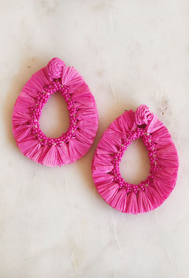 Taste of Summer Statement Earrings in Pink, raffia and beaded details
