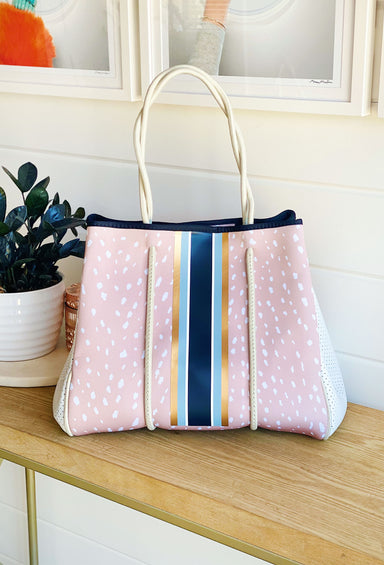 The Ann Neoprene Tote, fawn print, navy and gold stripe, navy inside, comes with pouch inside