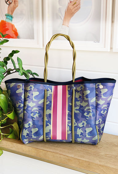 The Carroll Neoprene Tote, Taylor Gray camo tote with stripes 