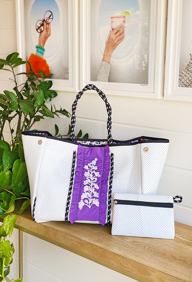 Taylor Gray Marissa Neoprene Tote Bag, white coated neoprene bag with purple panel and white embroidery, neoprene bag with Mexico inspired inside pattern